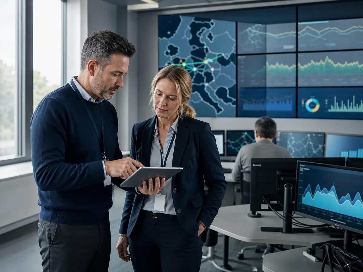Energy professionals reviewing grid and consumption information in an operations office